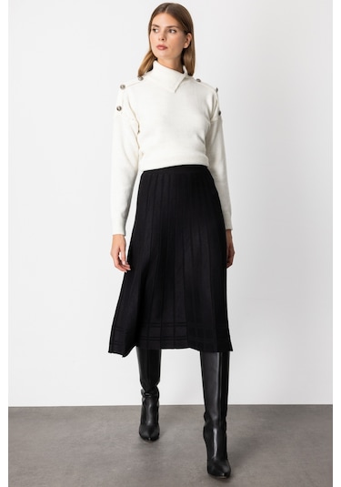 On Kadın Pileli Midi Boy Triko Etek 60201 Siyah Siyah