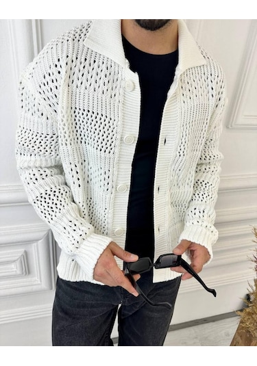Elku Moda Hırka Oversize Özel Örgülü Triko Desenli Salaş Örgü Hırka Beyaz