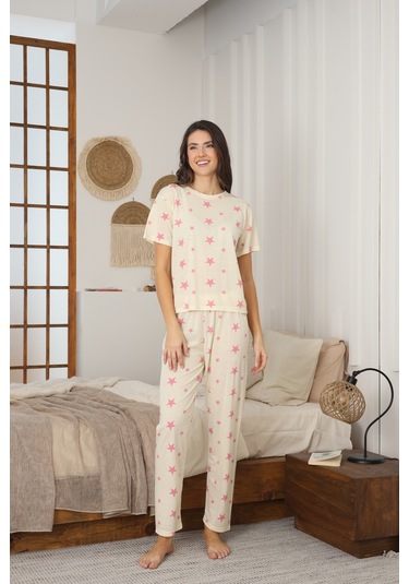 Kadın Yazlık Kısa Kol Penye Süprem Kumaş Pijama Takımı Sarı Yıldızlı