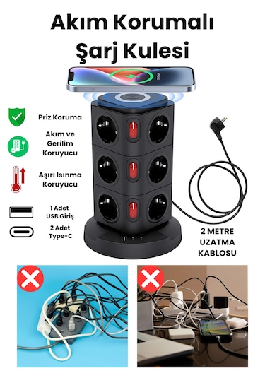 Yeni Akım Korumalı 2.4a Kule Priz Kablosuz Şarj Istasyonu 12x Soketli 2 Type-c 1x Usb Çıkışı 0.2 M