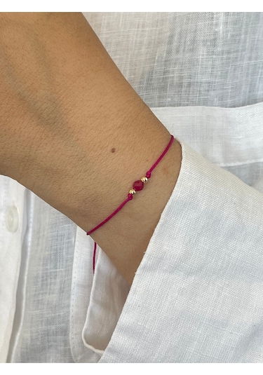 14 Ayar Altın Çift Dorika Detalı Doğal Yakut Taşlı Minimal Tasarım Altın Bileklik Altın