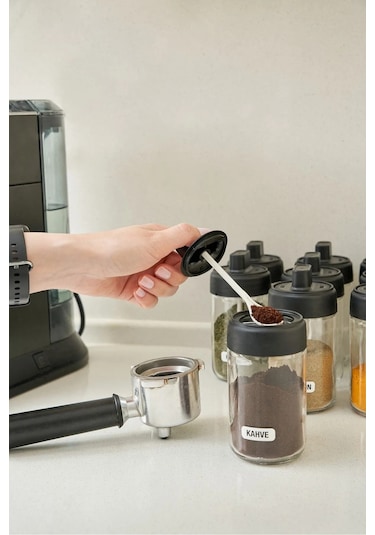 12 Parça Bianco 12'li Kendinden Kaşıklı Kilitli Kapaklı Baharat Takımı Cam ŞEffaf