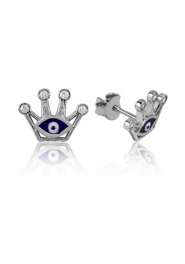 925 Ayar Gümüş Nazarlı Kraliçe Tacı Çivili Küpe Gümüş