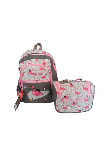 Kids Flamingo Temalı 2 Gözlü İlkokul Çantası 2 Li Set Beslenme Çantalı Çok Renkli