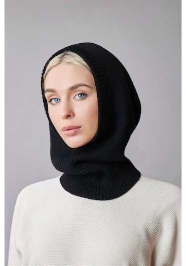 Külah Balaclava Kadın Triko Kar Maskesi Bere Boyunluk Siyah Siyah Standart
