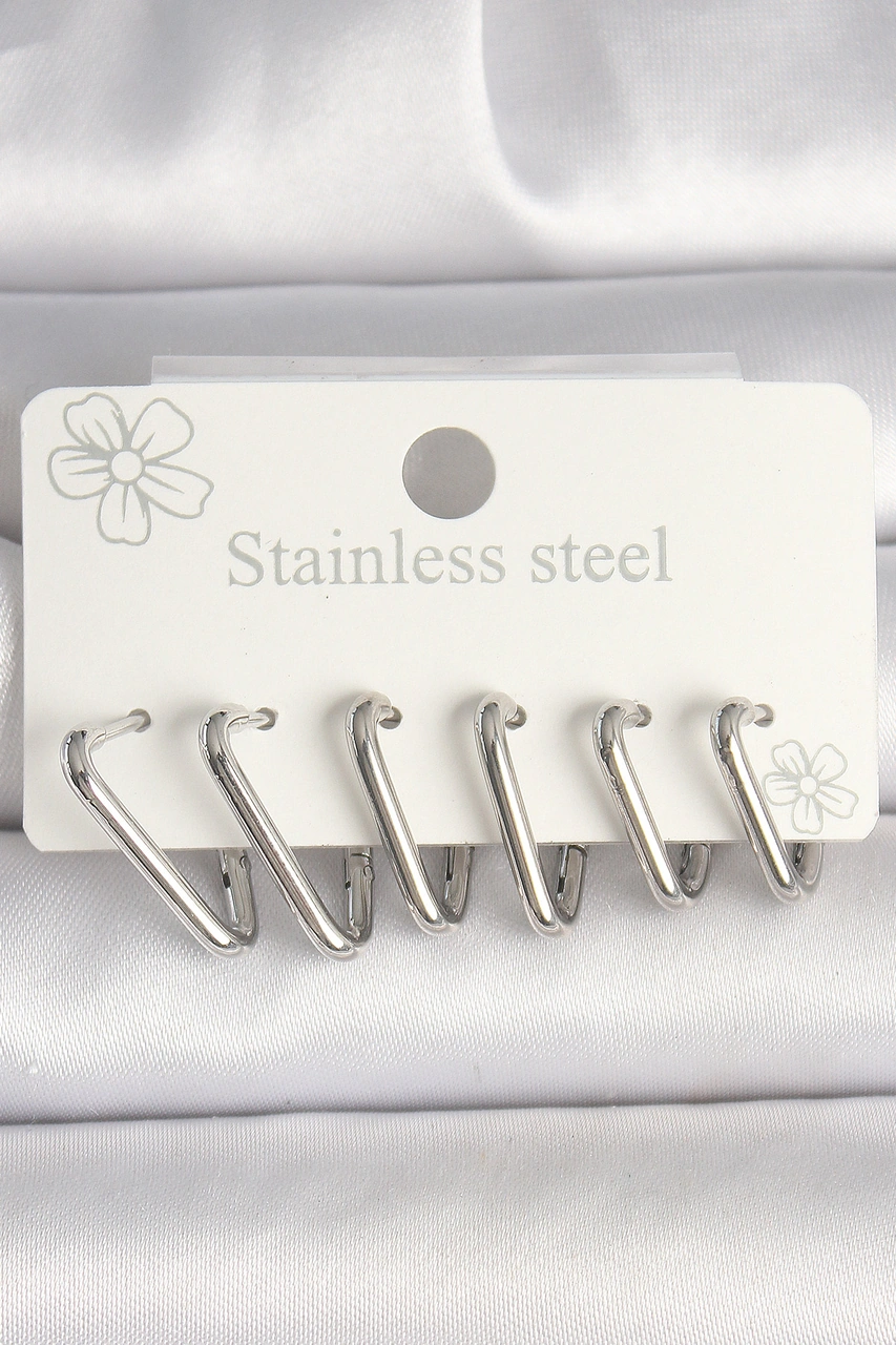 316l Çelik Gümüş Renk Üçgen Model Kadın Küpe Seti Renkli