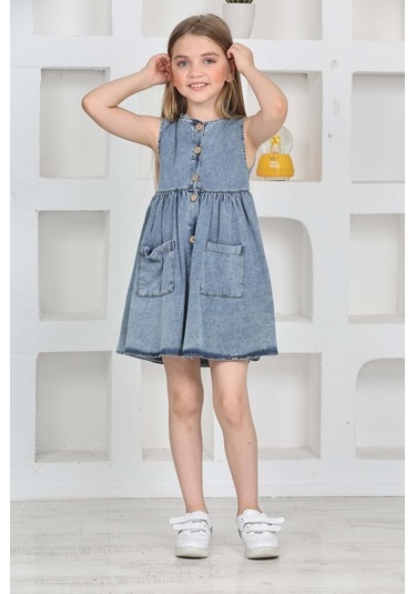 Kız Çocuk Düğme Kapamalı Jean Elbise 12198 Mavi