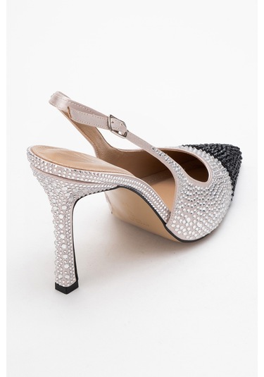 London Bej Siyah Gümüş Taşlı Kadın Yüksek Topuklu Ayakkabı Siyah - Bej