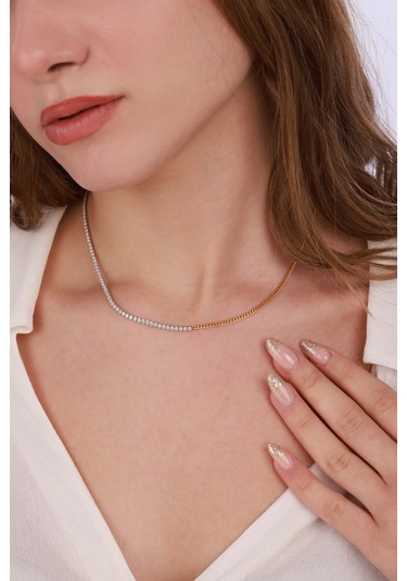 Yarısı Suyolu Yarısı Gurmet Zincir Çift Renkli Choker Gümüş Kolye