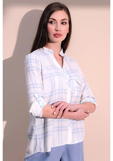 Kadın Mavi Uzun Kol Yeni Moda Ekose Desenli Tek Cep Hakim Yaka Gömlek Mavi