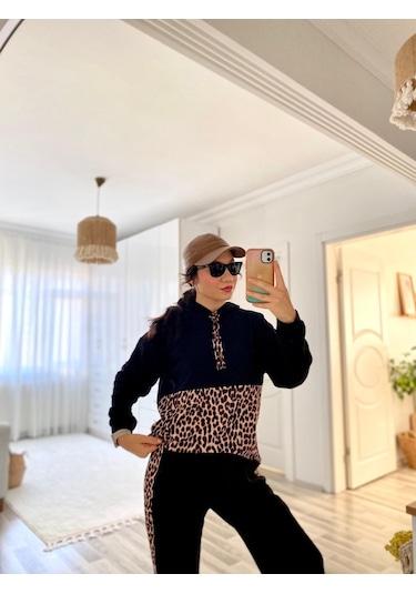 Ge Ticaret Kadın Uzun Kollu Leopar Detay Sweat Ve Yanı Leopar Şerit Detay Pantolon Ikili Takım Siyah