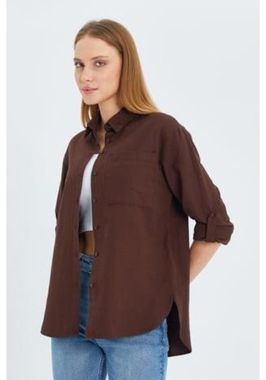 9942 Kadın Oxford Uzun Kol Basic Gömlek Kahve Kahve