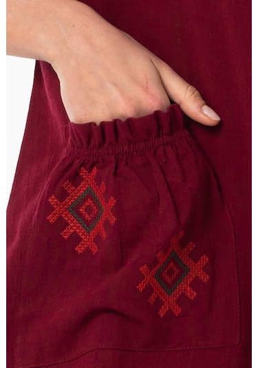 Kolsuz Şile Bezi Kruvaze Yaka Nakışlı Tülin Midi Boy Yazlık Otantik Elbise Bordo Brd-bordo