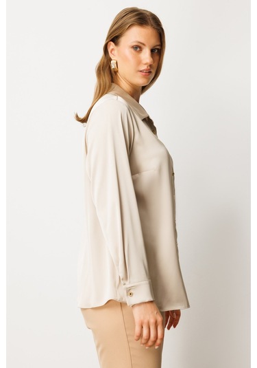 Ekol Kadın Büyük Beden Düğmeli Saten Gömlek 3505 İnci İnci