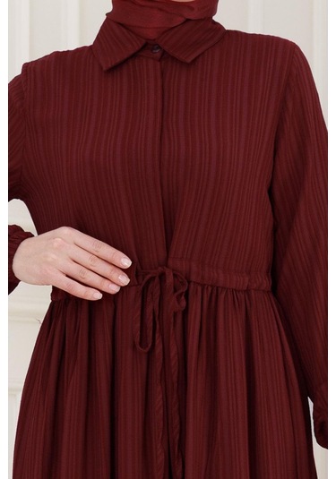 Gömlek Yaka Beli Tünelli Sare Elbise-bordo-5067 Bordo