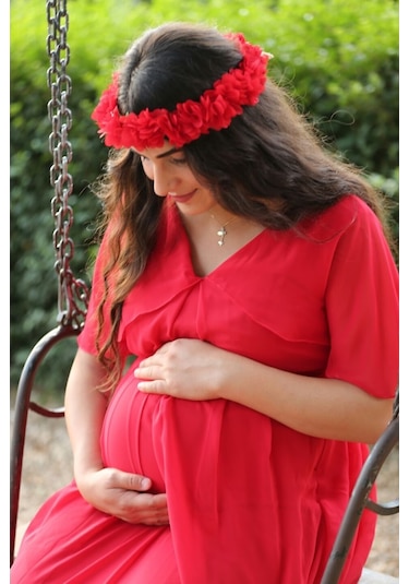 Modalabio Moda Labio- Babyshower Melek Kol Hamile Elbisesi Kırmızı