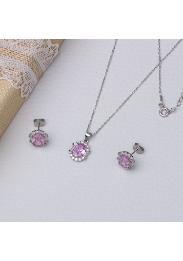 5-8 Mm Pembe Oval Zirkon Taşlı 925 Ayar Gümüş Kadın 2'li Set Gümüş