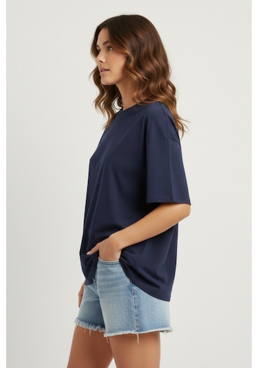 Soft&Basic Kadın %100 Organik Pamuk Oversize Fit Basic Yuvarlak Yaka T-shirt Lacivert