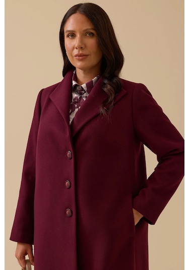 Galaxi Kadın Büyük Beden Düğmeli Kaşe Kaban 4001 Bordo Bordo