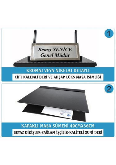 Melen Lüks Siyah Ahşap-deri Sümen Takımı Masa İsimlikli 6 Parça