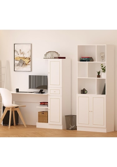 Rabi Mobilya Gold Country Çalışma Masası Kitaplık Takımı Beyaz