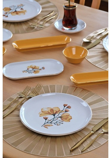 Asya Lizy Hardal Altın Yaldızlı 32 Parça 6 Kişilik Seramik Kahvaltı Takımı Desenli