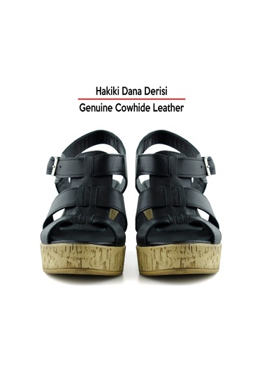 Erkan Saçmacı Xena Siyah Hakiki Dana Derisi Mantar Taban Görünümlü Dolgu Topuklu Gladyatör Sandalet Siyah