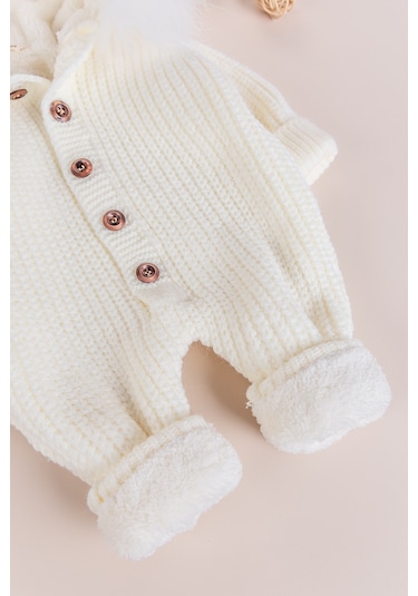 Triko Örgü Kışlık İçi Welsoft Astarlı Kapüşonlu Kız/erkek Bebek Tulum Krem