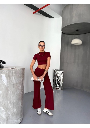 Osy Modal Yumuşak Dokulu Kumaş Kısa Kollu Crop Alt İspanyol Paça Pantalon İkili Takım - Bordo Çok Renkli