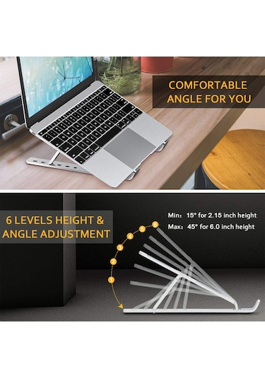 Padalink Alüminyum Dizüstü Bilgisayar Tutucu, 6 Seviye Yükseklik Ayarı, Isı Dağıtımı, Taşınabilir, Siyah
