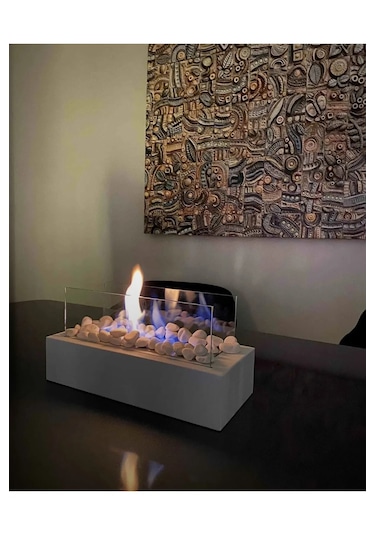 Beyaz Bioethanol Masaüstü Şömine Sertifikalı Yakıt Ve Taş Hediyel