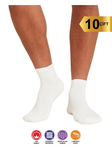 10 Çift Desensiz Düz Sade Erkek Patik Pamuk Beyaz Çorap - Bilek B Beyaz