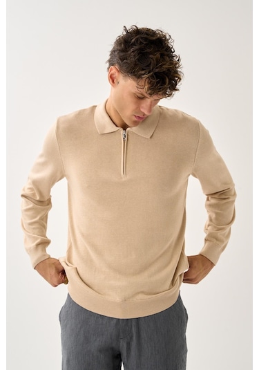 Fermuarlı Polo Yaka Kazak Bej