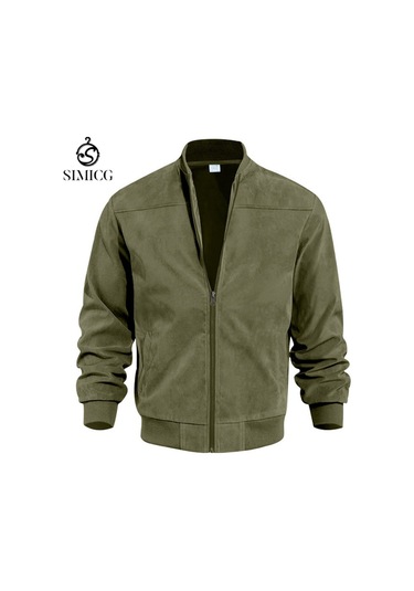 Sonbahar Süet Düz Renk Fermuarlı Hırka Vintage Uzun Kollu Erkek Ceket Yeşil