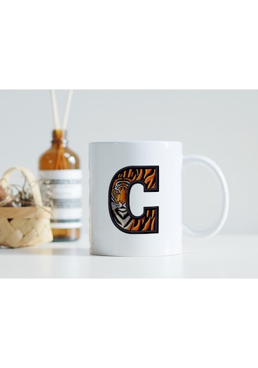 C Harfi Kaplan Figürlü Nakış Desenli Kupa Bardak - Kişiye Özel Vahşi Hayvan Desenli Kupa - Hediye Beyaz