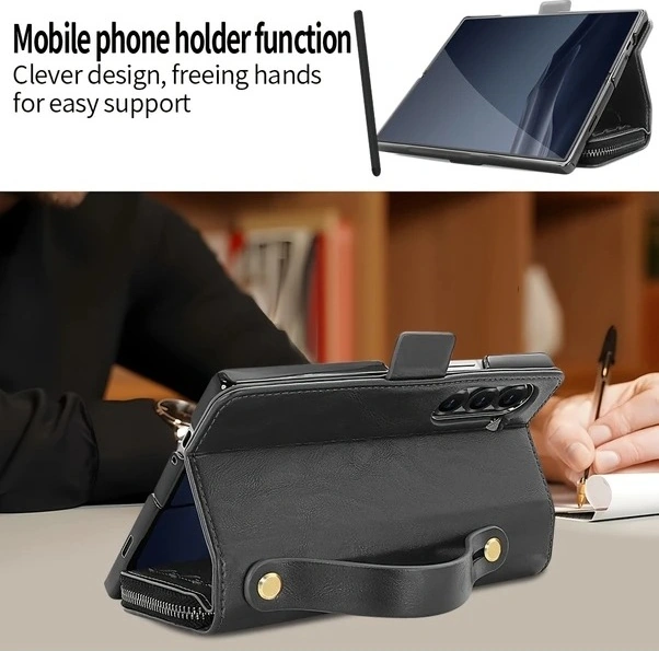 Trendooze Galaxy Z Fold 7 Kahverengi Faux Leather Cüzdan Kart Yuvalı El Kayışlı Kalemli Ekran Koruyucu