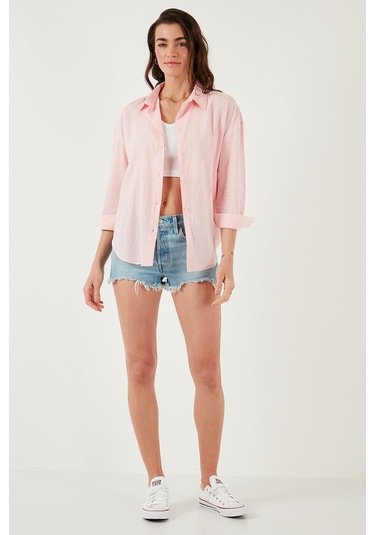Lela Pamuklu Regular Fit Uzun Kollu Düz Bayan Gömlek Cf25S168305 Açık Pembe