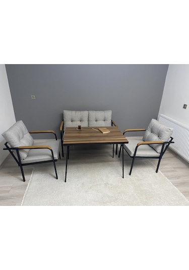 Modern Güneş Balkon, Bahçe, Cafe - Metal Kanepe Koltuk Takımı - 2+1+1 + Masa Açık Gri Modernsh28 Açık Gri