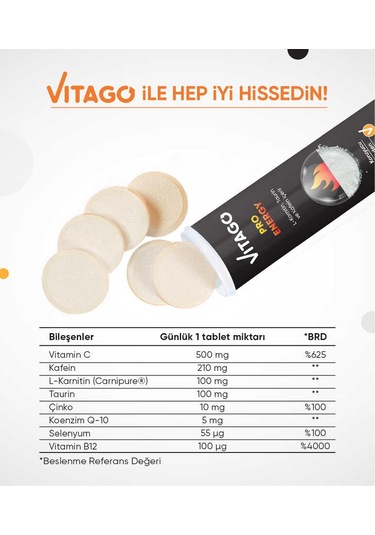 ﻿Vitago Energy L-Karnitin Taurin Kafein İçeren Takviye Edici Gıda 10 Efervesan Tablet