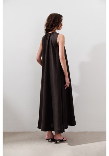 Keten Büzgülü Geniş Elbise Acı Kahve Acı Kahve