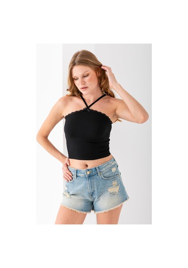 Giysa Kadın Çapraz Askılı Dantel Detaylı Crop Body Siyah - Ms0000309 Siyah