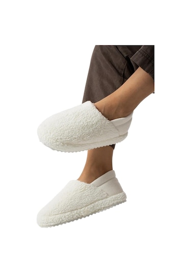 Kadın Lastikli Kaymaz Taban Peluş Havlu Kumaş Ev Ayakkabısı Panduf Beyaz-beyaz Beyaz
