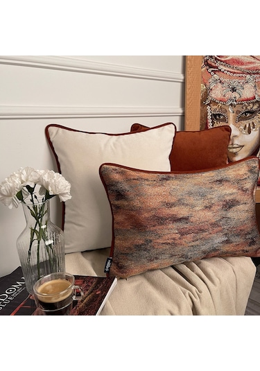 "beige" Kadife Dokulu Kırlent Kılıfı - 45x45 Krem - Kiremit