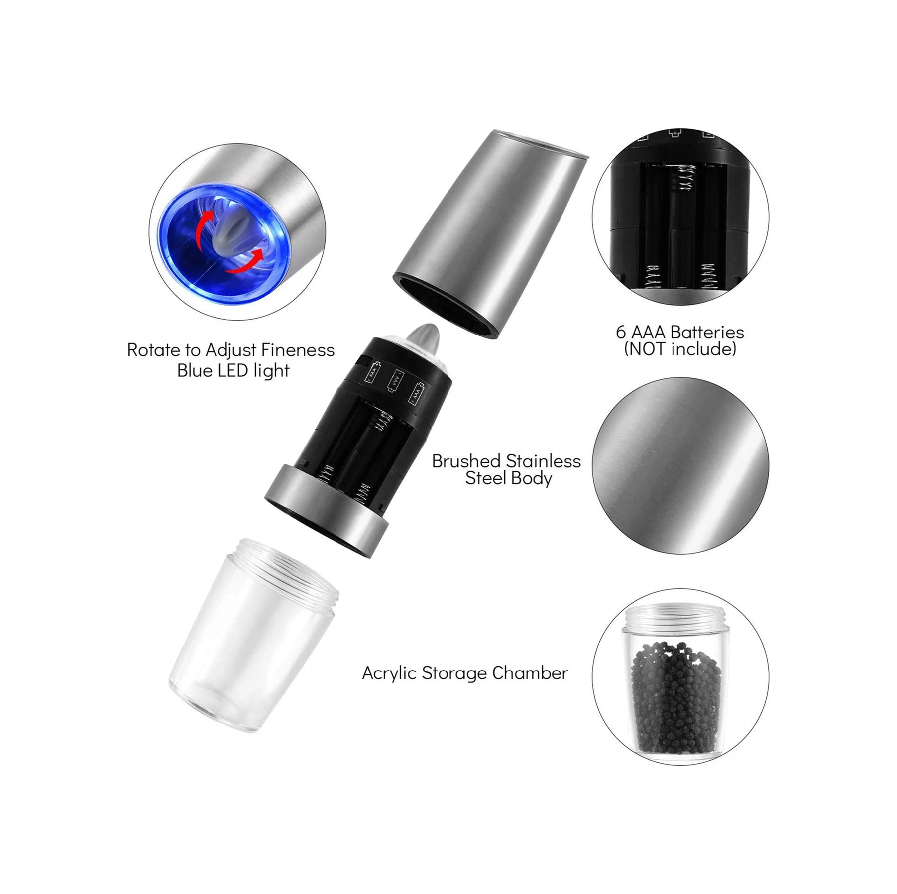 Yunboo Ev Elektrikli Biber Değirmeni, Çekim Sensörlü, Çelik Paslanmaz, Ayarlandırabilir Değirme Kalınlığı, Mavi Led Işık, Tek Elle Kullanım Pil Dahil Değil Gümüş