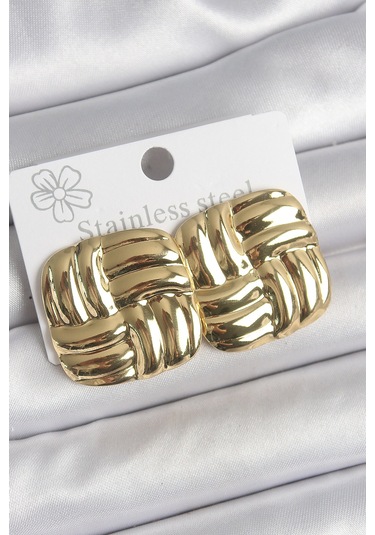 316 Çelik Gold Renk İşlemeli Kare Plaka Model Kadın Küpe Çok Renkli