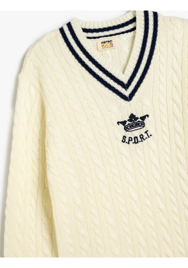 Koton Triko Kazak Örgü Detaylı V Yaka Uzun Kollu Ekru 5wkb90013ht Ekru