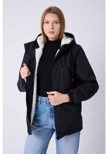Montland Kadın Siyah İçi Kürklü Su Ve Rüzgar Geçirmez Kapüşonlu Kışlık Mont Siyah