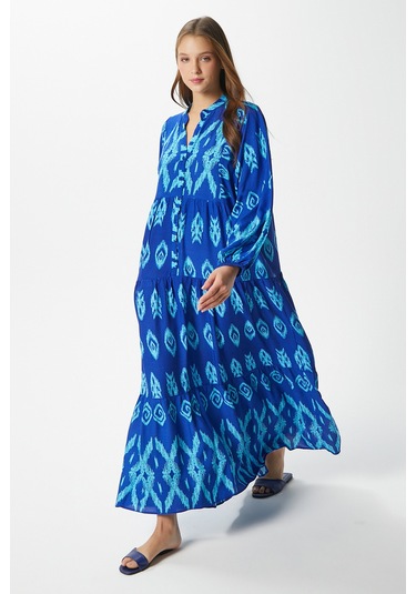 Modest Kadın Megan %100 Viskon Maksi Boy Mavi Katlı Balon Kol Uzun Yazlık Elbise Maviaçıkmavi Açık Mavi