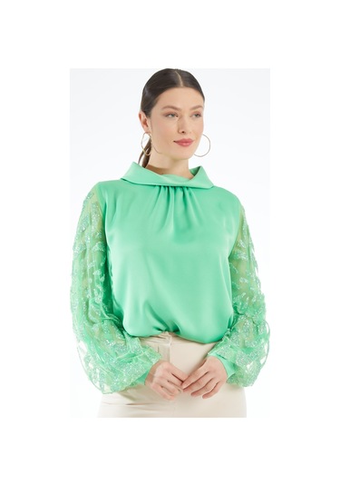 Modern Ve Şık Kadın Bluz - Transparan Taş İşlemeli Uzun Kol - Özel Gün Ve Davetler İçin Bluz Koyu Yeşil