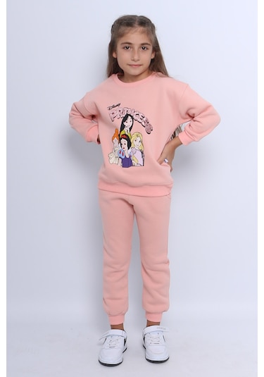 Kız Çocuk 3 İplik Eşofman Takımı Princess Baskılı E3 Somon